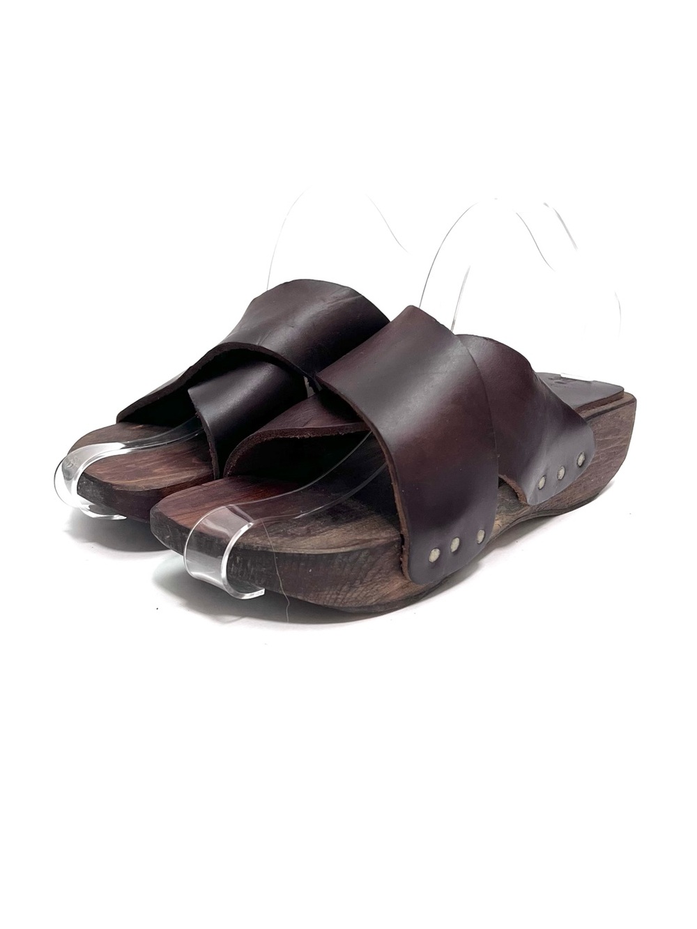 Vintage 1970s brown leather criss cross wooden sole platform sandals